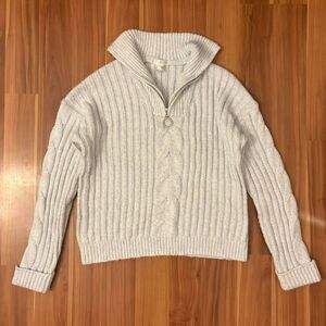 light blue 3/4 zip pullover sweater with foldover collar and rhinestone zipper